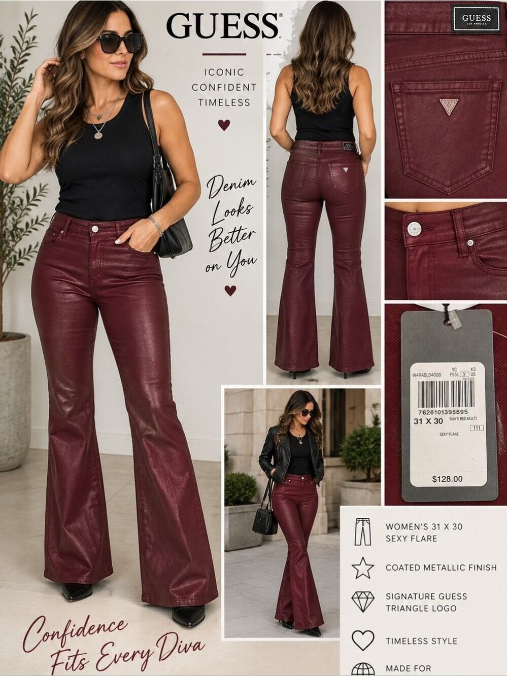 GUESS Sexy Flare Jeans Women 31x30 Tahiti Red Coated Metallic NWT $128